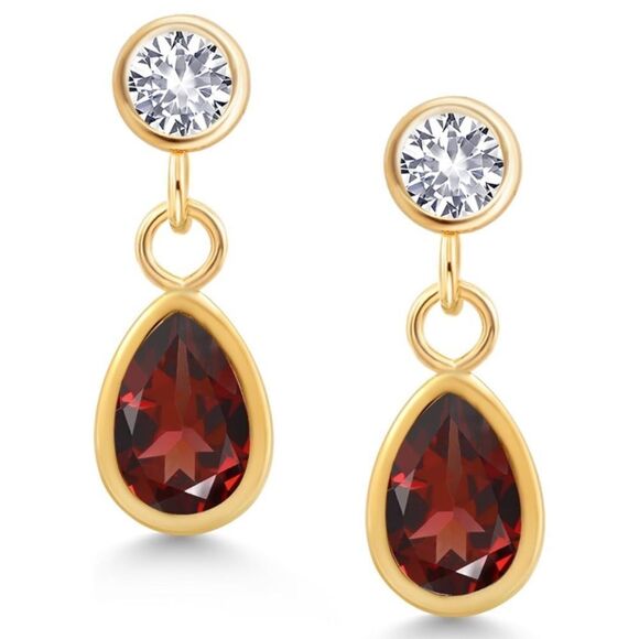 14K Yellow Gold with 1.24 Cttw Garnet and White Sapphire Post Back Drop Earrings